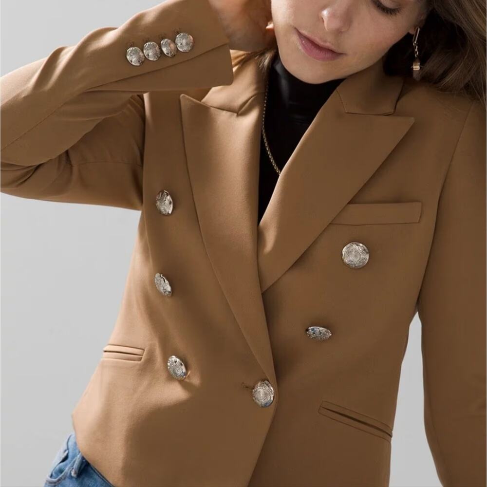 WHBM Studio Double-Breasted Cropped Blazer Toasted Coconut Caramel Tan Jacket 4 - Picture 3 of 15